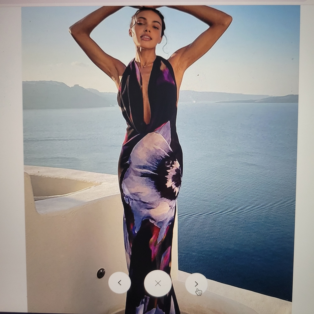 Commense Black Halter Maxi Dress with Purple and White Floral